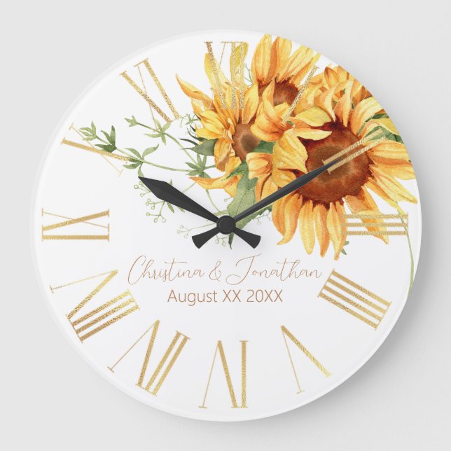 Reloj Redondo Grande Sunflower acuarela romántica (Anverso)