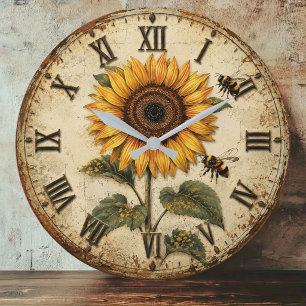 Reloj Redondo Grande Sunflower & Bumble Bee Rustic Farmhouse