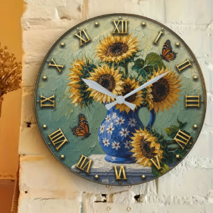 Reloj Redondo Grande Sunflower Butterfly Rustic Floral Art
