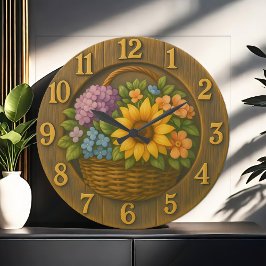 Reloj Redondo Grande Sunflower Garden Basket Wooden Wall Clock