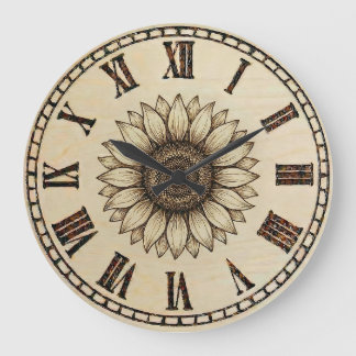 Reloj Redondo Grande Sunflower Wood Burned Wall Clock