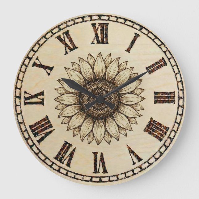 Reloj Redondo Grande Sunflower Wood Burned Wall Clock (Anverso)