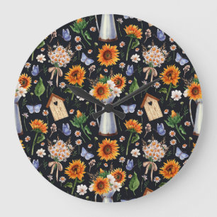 Reloj Redondo Grande Sunny Rustic Watercolor Sunflowers Pattern