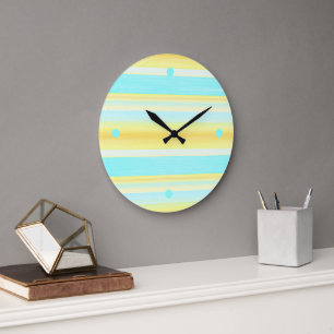 Reloj Redondo Grande Sunny Summer Yellow Aqua Blue Watercolor Stripes