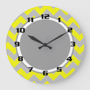 Reloj Redondo Grande Sunny Yellow and Gray Chevron Pattern