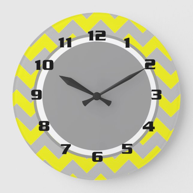 Reloj Redondo Grande Sunny Yellow and Gray Chevron Pattern (Anverso)