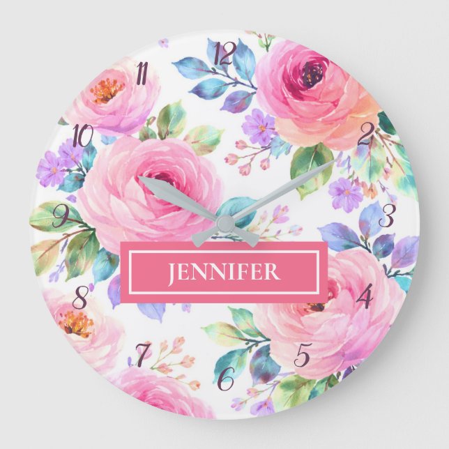Reloj Redondo Grande Sunrise Floral Boho Custom Name Design             (Anverso)