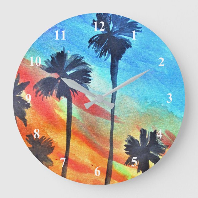 Reloj Redondo Grande Sunset Palm Tree beach surf art (Anverso)