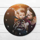 Reloj Redondo Grande Superposición fotográfica de familia personalizado<br><div class="desc">Crea un reloj especial de pared redondo o cuadrado. El diseño de reloj personalizado incluye el nombre de la familia en tipos de letra modernos y sencillos sobre la foto de la familia de purgas completas. Utilice las herramientas de diseño para añadir más fotos y texto, y elija cualquier tipo...</div>