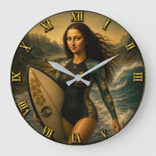 Reloj Redondo Grande Surfing Funny Mona Lisa for Beach & Ocean Lovers