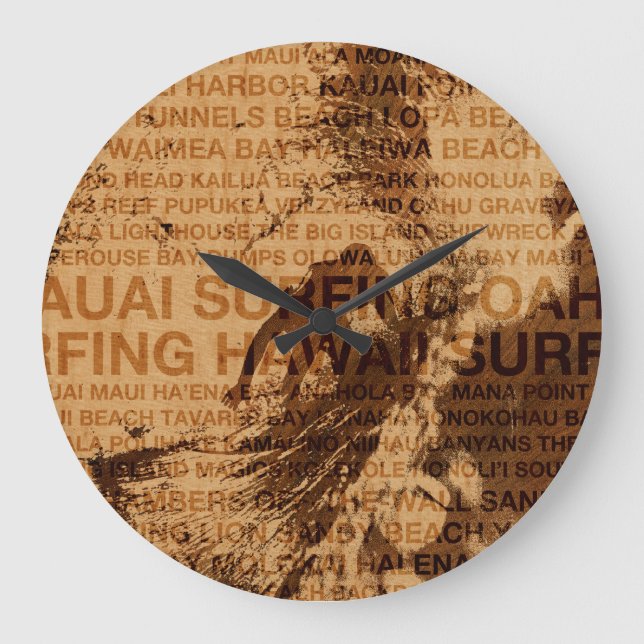 Reloj Redondo Grande Surfing Hawaii Green Room Faux Wood Clock (Anverso)