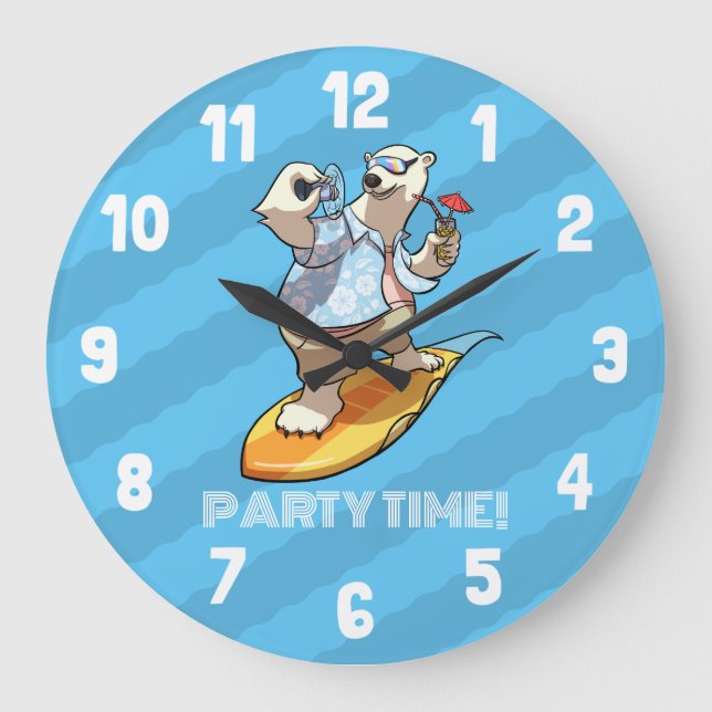 Reloj Redondo Grande Surfing Polar Bear Funny Party Time! Cartoon (Anverso)