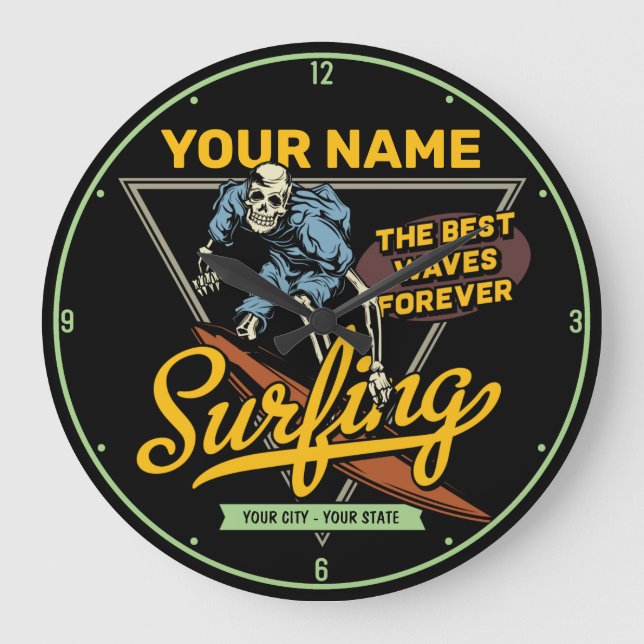Reloj Redondo Grande Surfista de Waves de Surf Personalizado (Anverso)