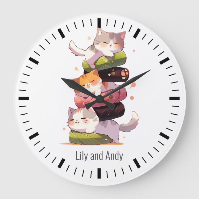 Reloj Redondo Grande Sushi Cat Miaw | Estilo anime japonés (Anverso)
