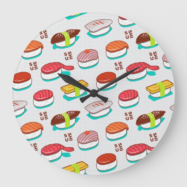 Reloj Redondo Grande Sushi de nigiri de época, patrón de doodle (Anverso)