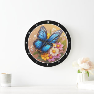 Reloj Redondo Grande Susurro de primavera" - Floral de mariposa azul