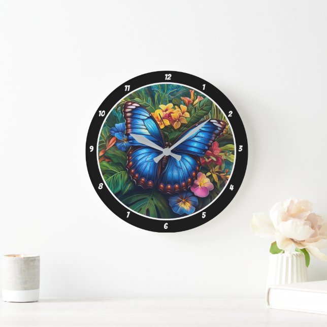 Reloj Redondo Grande Susurro tropical" - Mariposa azul (Hogar)
