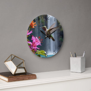 Reloj Redondo Grande "Susurros de la naturaleza: Hummingbird, cascada