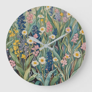 Reloj Redondo Grande Susurros de pradera: Flores silvestres pasteles