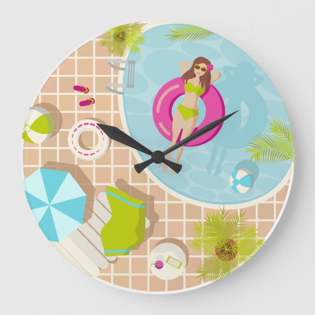 Reloj Redondo Grande Swimming pool girl in bikini summer beach  (Anverso)