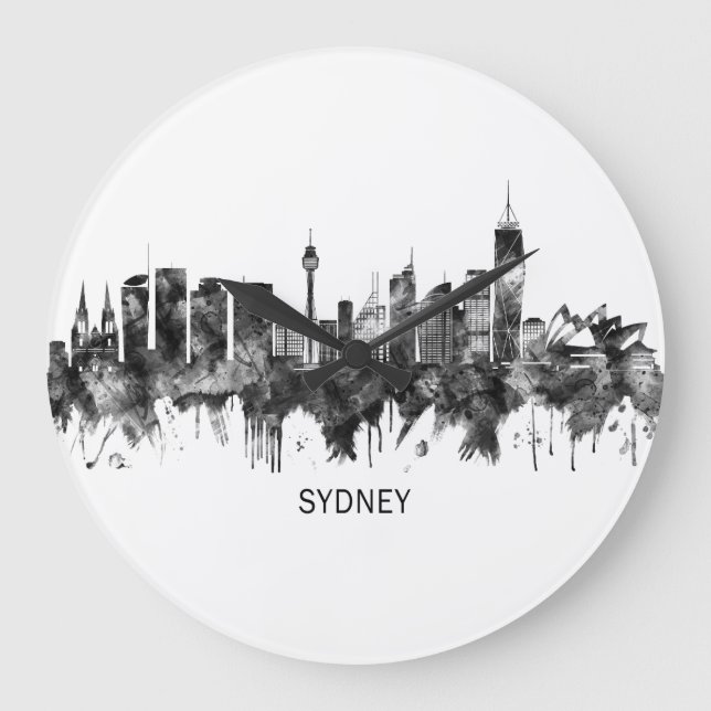 Reloj Redondo Grande Sydney Australia Skyline BW (Anverso)