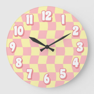 Reloj Redondo Grande Tablero retro pastel rosa amarillo ondulado