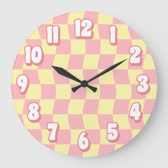 Reloj Redondo Grande Tablero retro pastel rosa amarillo ondulado (Anverso)