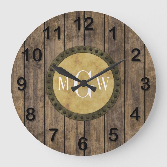 Reloj Redondo Grande Tablones de aspecto de madera rústica #1 Steampunk (Anverso)