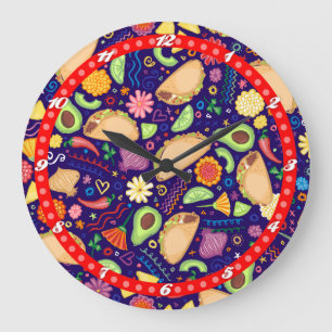 Reloj Redondo Grande Taco Fiesta on Blue Festive Mexican Food & Flowers
