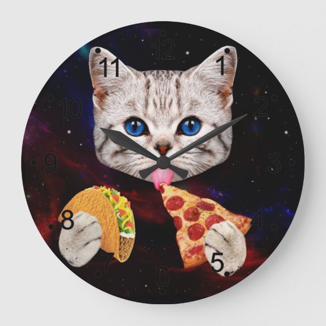 Reloj Redondo Grande Taco, gato y pizza (Anverso)