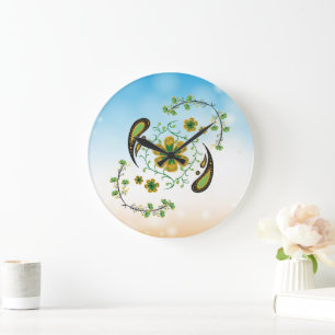 Reloj Redondo Grande Taiji Flor Verde Amarillo Floral