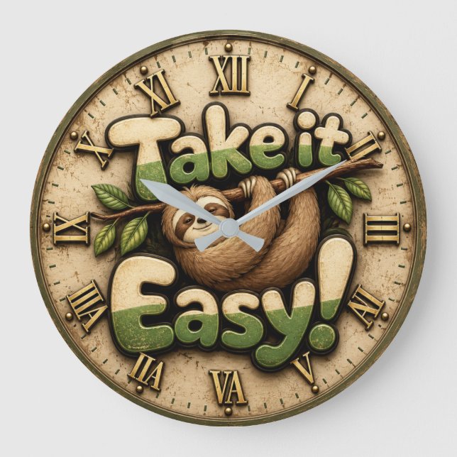 Reloj Redondo Grande Take It Easy Sloth  Funny (Anverso)