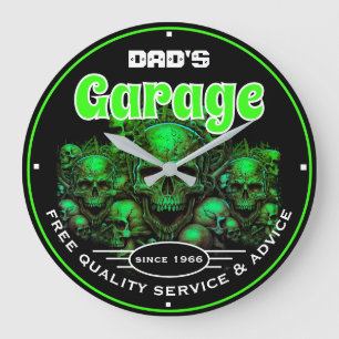 Reloj Redondo Grande Taller Mecánico Cráneos Verdes del Garaje del Papá