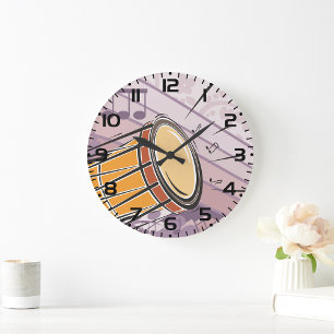 Reloj Redondo Grande Tambor Bongo Tradicional Con Notas Musicales