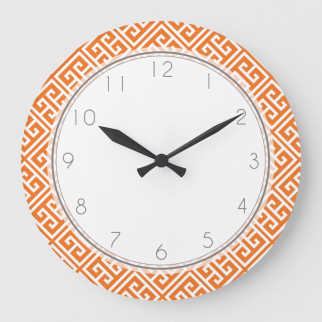 Reloj Redondo Grande Tangerine Orange Greek Key Pattern (Anverso)