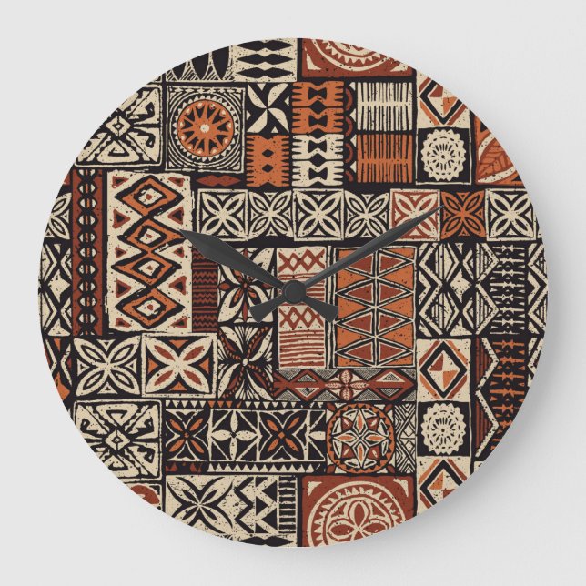 Reloj Redondo Grande Tapa hawaiano: Patchwork tribal (Anverso)