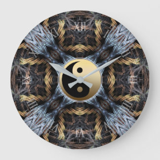 Reloj Redondo Grande Tapiz Fractal Azul Dorado con Símbolo de Yin Yang