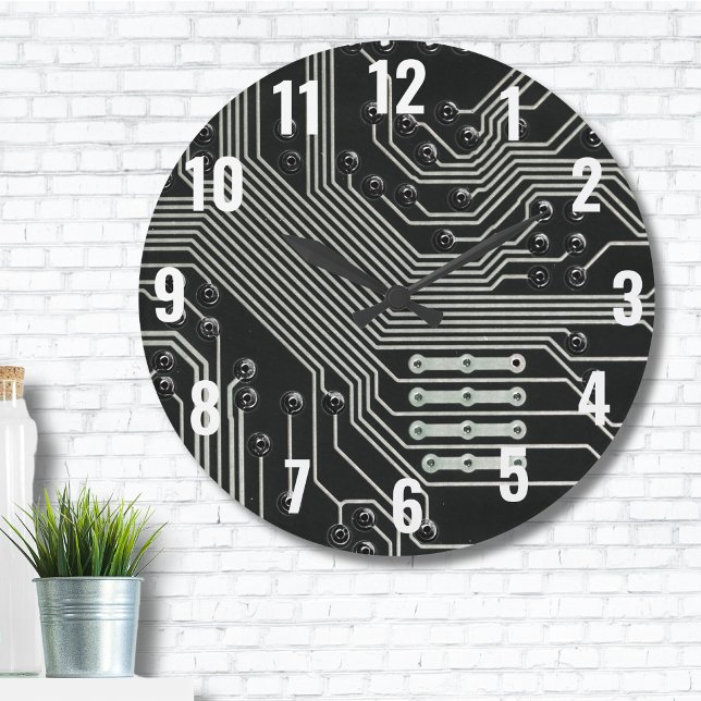 Reloj Redondo Grande Tarjeta de circuitos negros de tecnología (Black Circuit Board Electronic Tech Computer Large Clock)