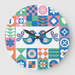 Reloj Redondo Grande Tarjeta floral folclórica: Diseño escandinavo.