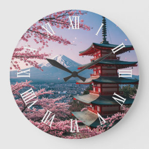 Reloj Redondo Grande Tarjeta postal de Japón Monte Fuji Fujisan Flores