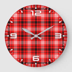 Reloj Redondo Grande Tartán negro rojo tartán tachado patrón-24899