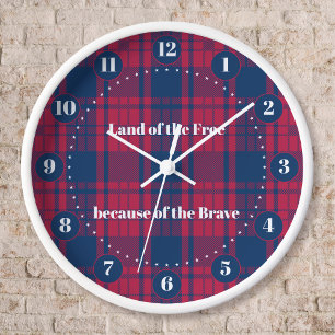 Reloj Redondo Grande Tartan - Patriótico - Rojo Azul Blanco Estrellas