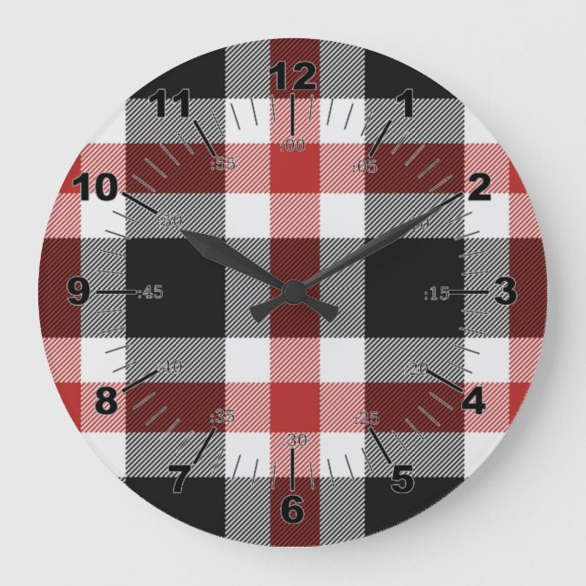 Reloj Redondo Grande Tartán Rojo Y Negro (Anverso)