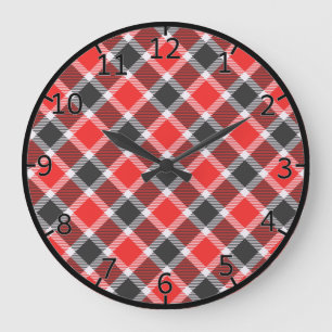 Reloj Redondo Grande Tartán Rojo Y Negro