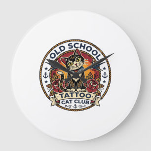 Reloj Redondo Grande Tatuaje de escuela antigua gato gatito lindo diseñ