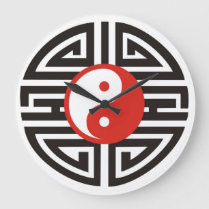 Reloj Redondo Grande Tatuaje de Yin & Yang - rojo negro