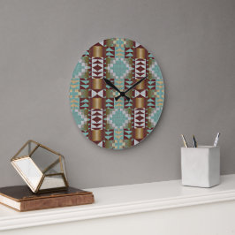 Reloj Redondo Grande Taupe Brown Turquoise Aqua Blue Tribal Pattern