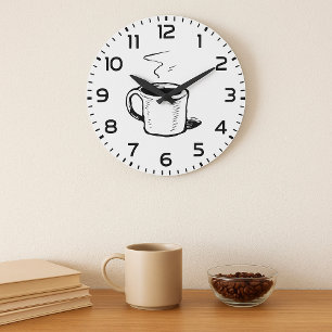 Reloj Redondo Grande Taza de café dibujada a mano Boceto minimalista