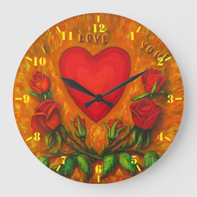 Reloj Redondo Grande Te amo - corazón y rosas (Anverso)