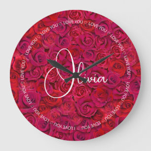 Reloj Redondo Grande Te Amo Nombre Personalizado Rosas Rojas Amor